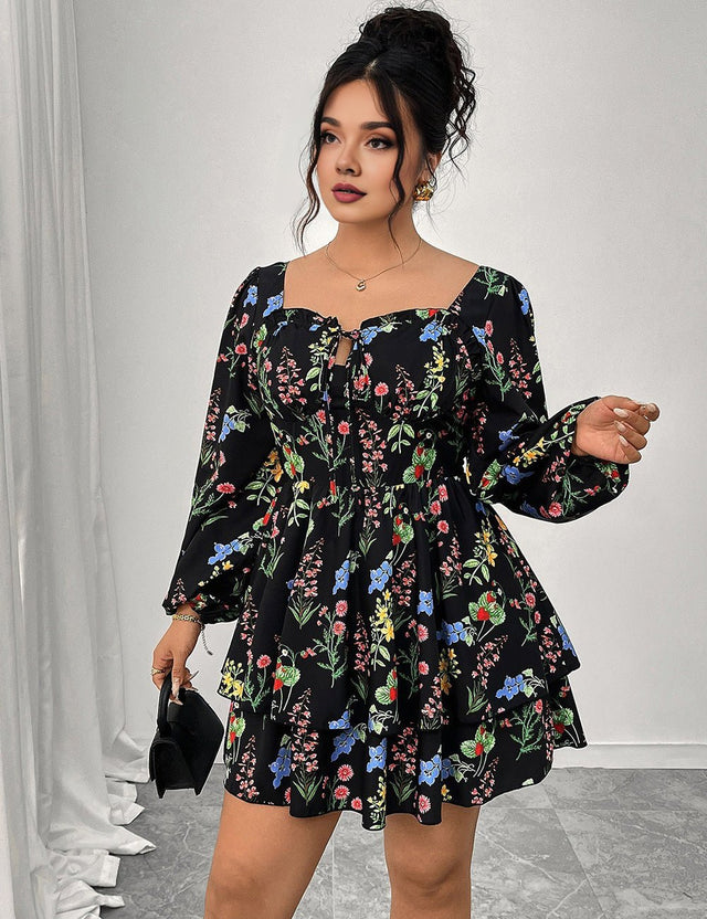 Women Plus Size Elegant Floral Print Square Neck Mini Dress - PRUSES