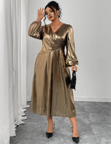 Women Plus Size Elegant Golden Maxi Dress - PRUSES