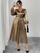 Women Plus Size Elegant Golden Maxi Dress - PRUSES
