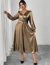 Women Plus Size Elegant Golden Maxi Dress - PRUSES