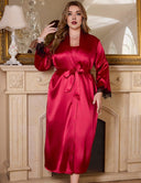 Women Plus Size Elegant Satin Lace Trim Robe with Belt | PRUSES - PRUSES