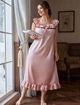 Women Plus Size Pink Elegant Satin Ruffle Nightgown
