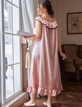 Women Plus Size Pink Elegant Satin Ruffle Nightgown Back View 