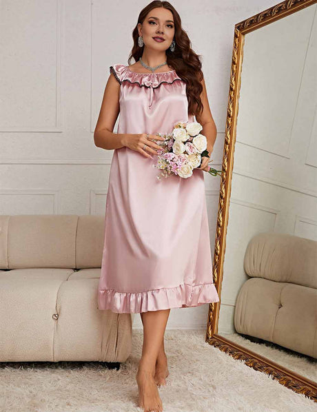 Women Plus Size Pink Satin Ruffle Hem Loungewear Nightgown
