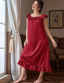 Women Plus Size Red Elegant Satin Ruffle Nightgown