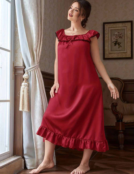 Women Plus Size Red Elegant Satin Ruffle Nightgown