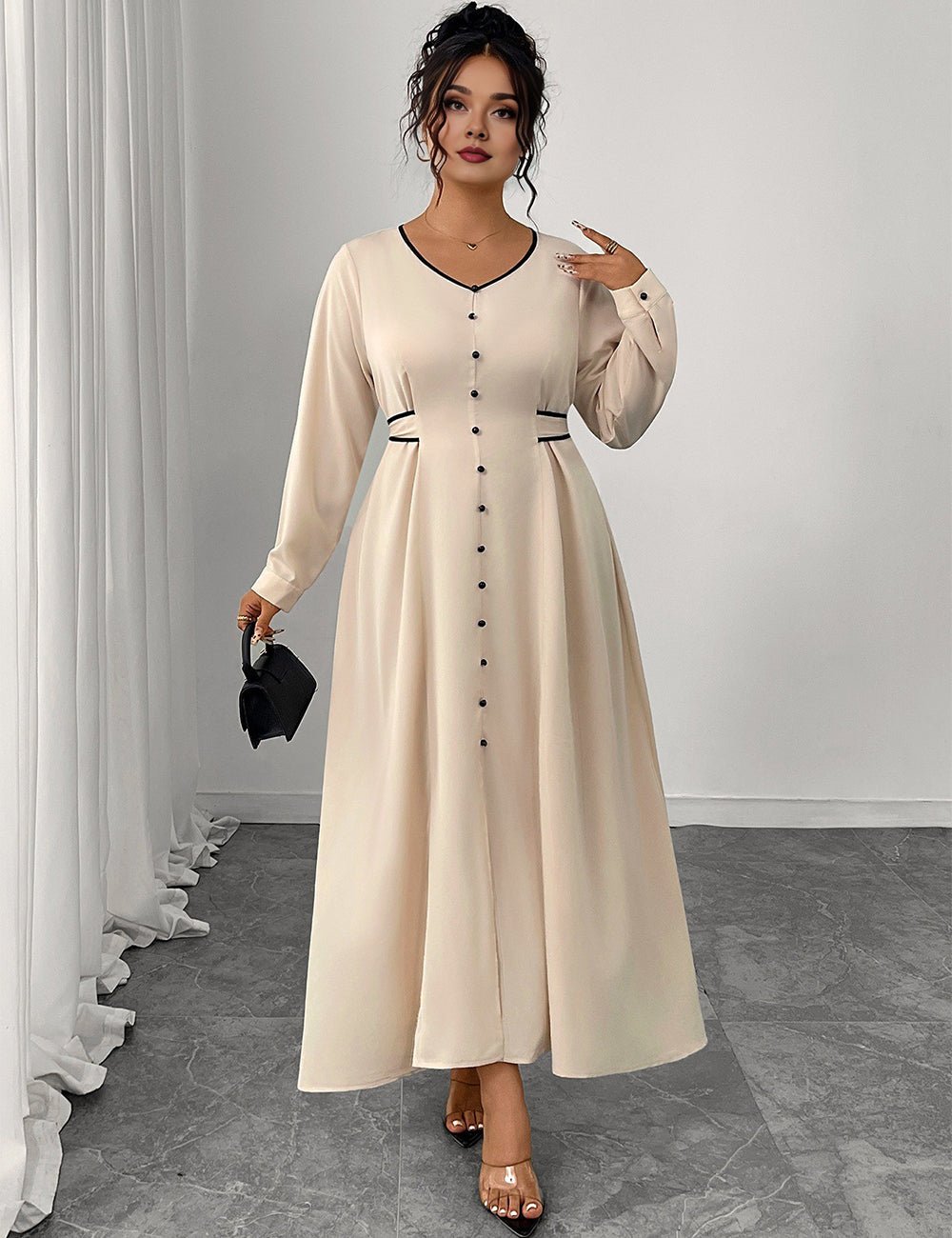 Women Plus Size Elegant V - Neck Buttoned Waist Tied Dress - PRUSES