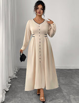 Women Plus Size Elegant V - Neck Buttoned Waist Tied Dress - PRUSES