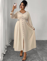 Women Plus Size Elegant V - Neck Buttoned Waist Tied Dress - PRUSES