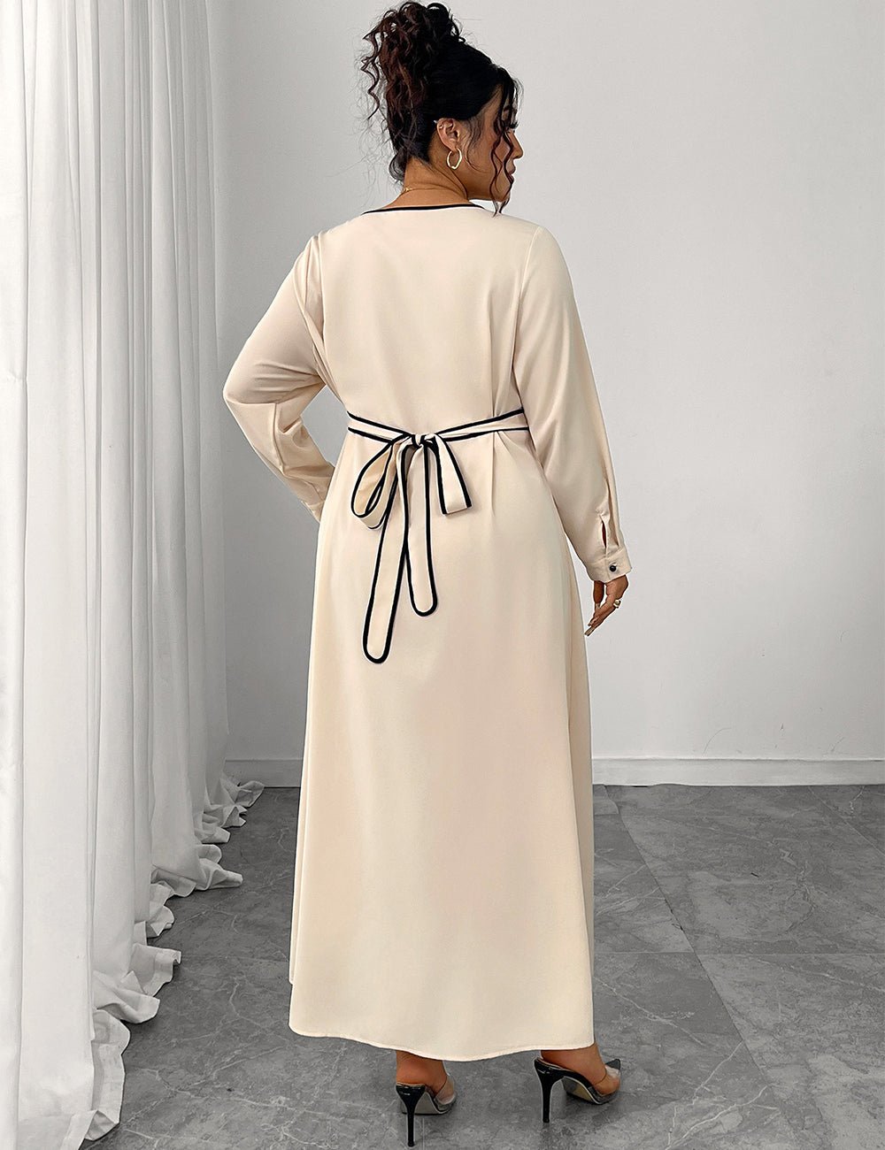 Women Plus Size Elegant V - Neck Buttoned Waist Tied Dress - PRUSES