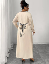 Women Plus Size Elegant V - Neck Buttoned Waist Tied Dress - PRUSES