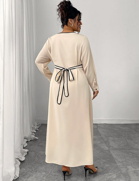 Women Plus Size Elegant V - Neck Buttoned Waist Tied Dress - PRUSES