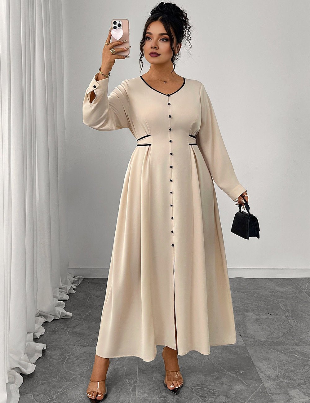 Women Plus Size Elegant V - Neck Buttoned Waist Tied Dress - PRUSES