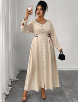 Women Plus Size Elegant V - Neck Buttoned Waist Tied Dress - PRUSES