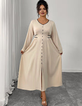 Women Plus Size Elegant V - Neck Buttoned Waist Tied Dress - PRUSES