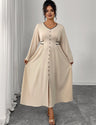 Women Plus Size Elegant V - Neck Buttoned Waist Tied Dress - PRUSES