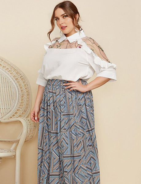 Women Plus Size Embroidered Ruffle Trim Collared Half Sleeve Blouse | PRUSES - PRUSES