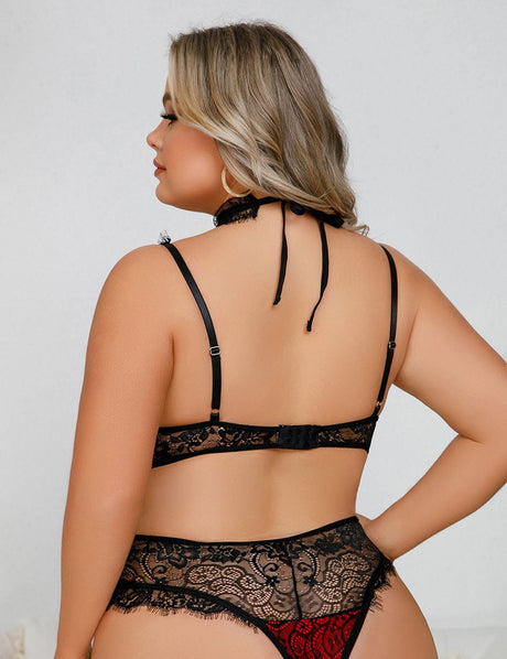 Women Plus Size Eyelash Lace Bodysuit - PRUSES