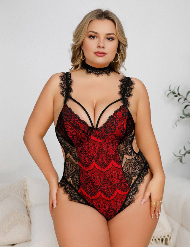 Women Plus Size Eyelash Lace Bodysuit - PRUSES