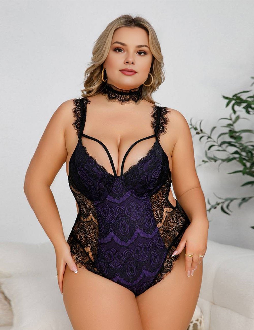 Women Plus Size Eyelash Lace Bodysuit - PRUSES