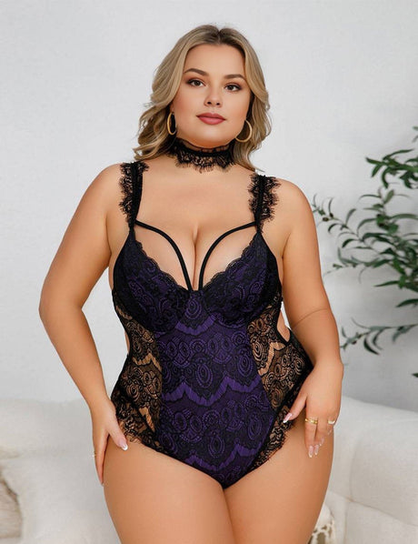 Women Plus Size Eyelash Lace Bodysuit - PRUSES