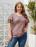 Women Plus Size Eyelet Short - Sleeved V - Neck Top | PRUSES - PRUSES