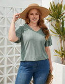Women Plus Size Eyelet Short - Sleeved V - Neck Top | PRUSES - PRUSES