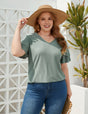 Women Plus Size Eyelet Short - Sleeved V - Neck Top | PRUSES - PRUSES