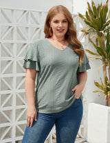 Women Plus Size Eyelet Short - Sleeved V - Neck Top | PRUSES - PRUSES