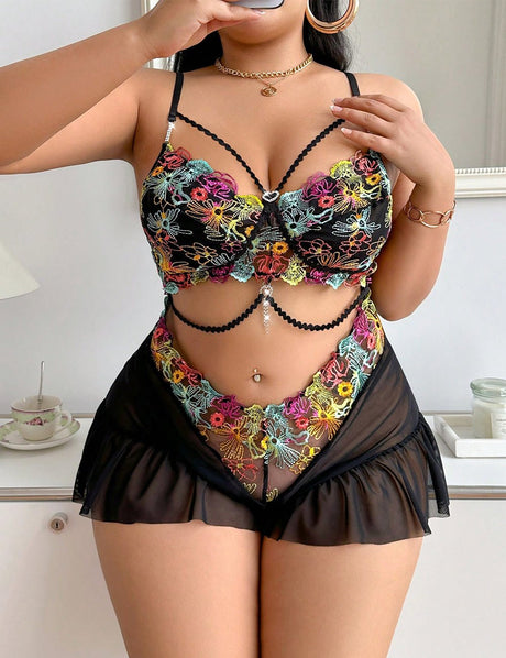 Women Plus Size Floral Embroidered Sheer Mesh Teddy | PRUSES - PRUSES