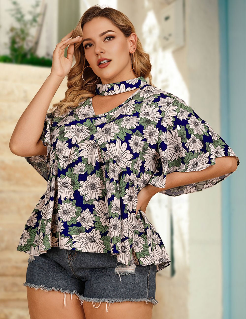 Women Plus Size Floral Flutter Sleeve Cutout Blouse | PRUSES - PRUSES