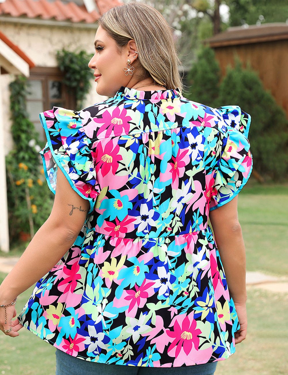 Women Plus Size Floral Flutter Sleeve Tied Blouse | PRUSES - PRUSES