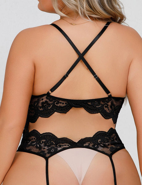 Women Plus Size Floral Lace Bowknot Bodysuit - PRUSES