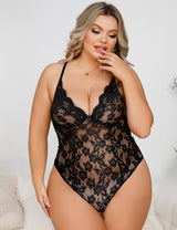 Women Plus Size Floral Lace Bowknot Bodysuit - PRUSES
