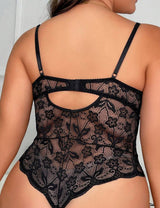 Women Plus Size Floral Lace Scallop Trim Garter Bustier Set - PRUSES