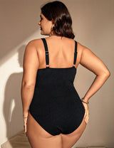 Women Plus Size Floral Lace Trim Special Fabric Swimsuit - PRUSES