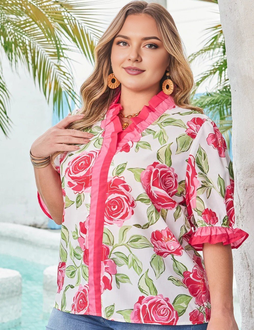 Women Plus Size Floral Print Frilled Detail Blouse | PRUSES - PRUSES