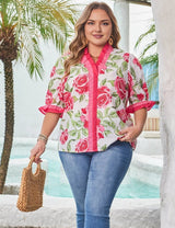 Women Plus Size Floral Print Frilled Detail Blouse | PRUSES - PRUSES
