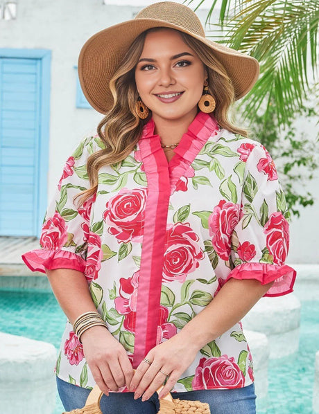 Women Plus Size Floral Print Frilled Detail Blouse | PRUSES - PRUSES