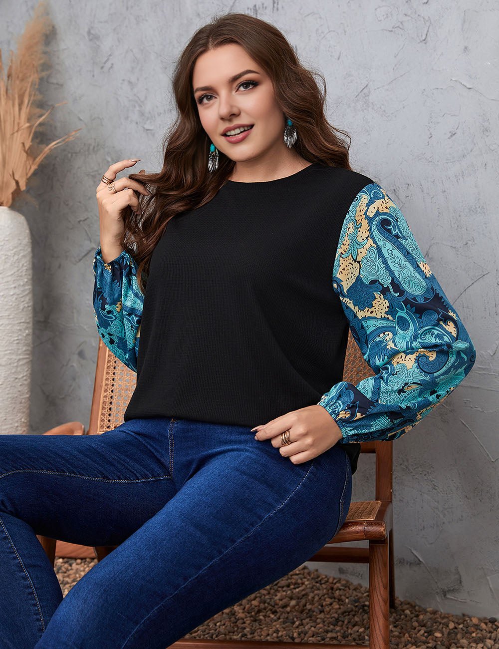 Women Plus Size Floral Print Lantern Sleeve Tee | PRUSES - PRUSES