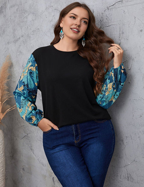Women Plus Size Floral Print Lantern Sleeve Tee | PRUSES - PRUSES