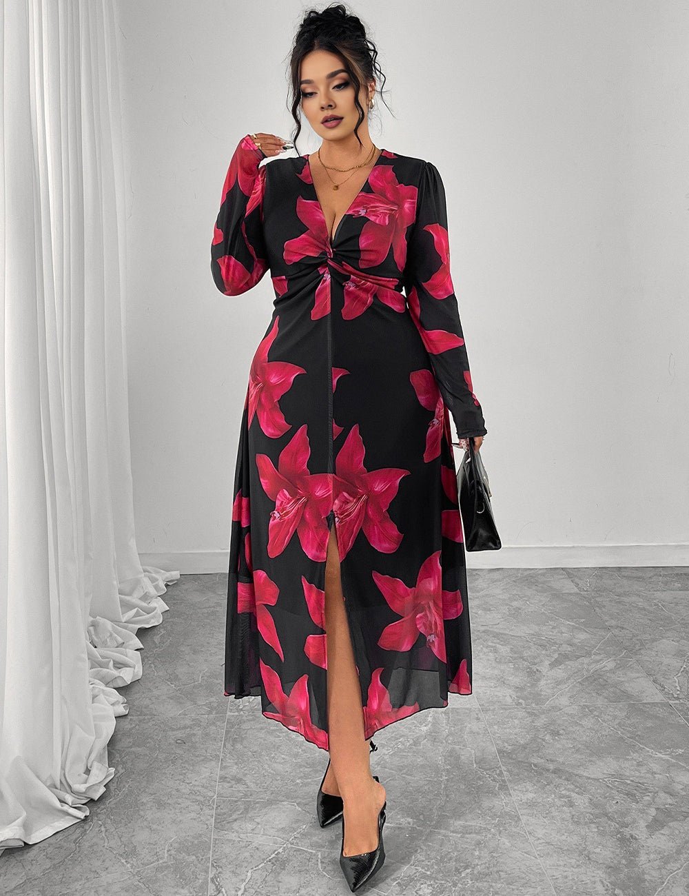 Women Plus Size Floral Print Twist Front V - Neck Maxi Dress - PRUSES