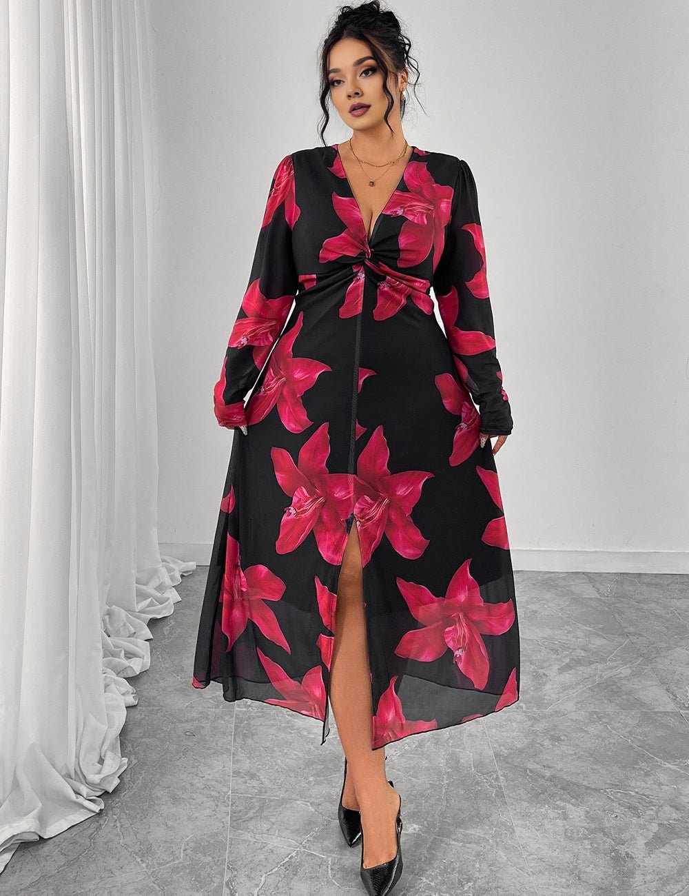 Women Plus Size Floral Print Twist Front V - Neck Maxi Dress - PRUSES
