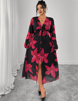 Women Plus Size Floral Print Twist Front V - Neck Maxi Dress - PRUSES