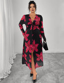 Women Plus Size Floral Print Twist Front V - Neck Maxi Dress - PRUSES