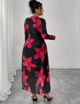Women Plus Size Floral Print Twist Front V - Neck Maxi Dress - PRUSES
