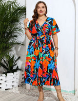 Women Plus Size Floral Print V - Neck Dresses - PRUSES