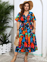 Women Plus Size Floral Print V - Neck Dresses - PRUSES