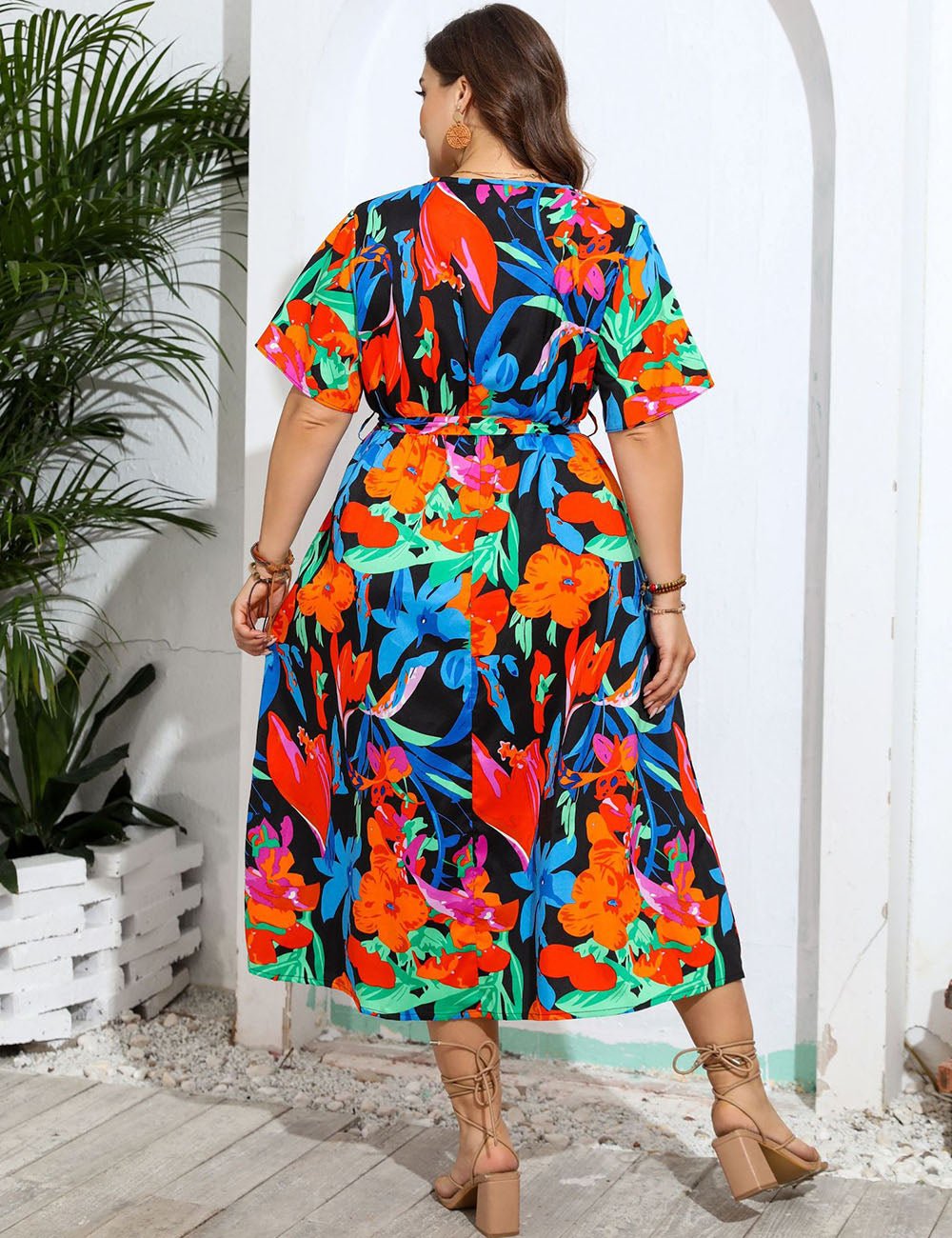 Women Plus Size Floral Print V - Neck Dresses - PRUSES