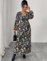 Women Plus Size Floral Print V - Neck High Waist Dress - PRUSES
